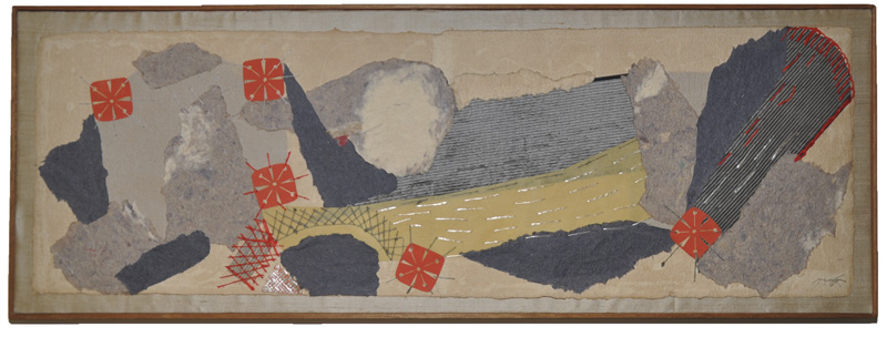 Star Clouds, 1959
Needlework Collage (mixes
papers, fabrics, and threads
mounted on board) 11 1/2 x 31 7/8
inches (framed) inv-012