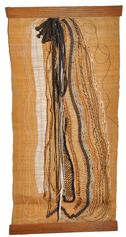 No Strings Attached, ca 1954
Mixed fibers, leather,
plastic, and wood on
unidentified fiber with
wooden slats.
approx. 29 x14 inches inv-025