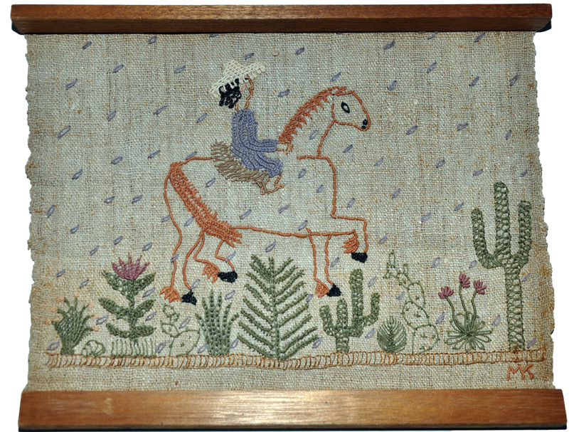 Tequila Trip, ca. 1947
Cotton on unidentified
handwoven fiber with wooden
slats, approx. 12 3/4 x 15 1/4
inches inv-042